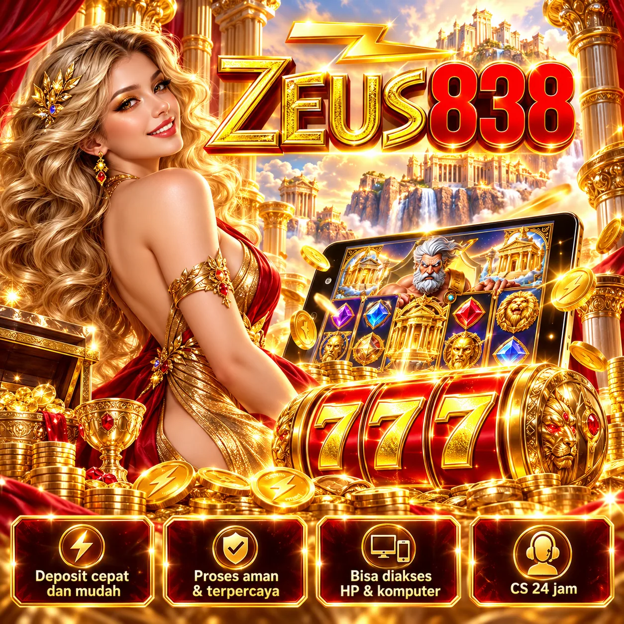 Ilustrasi ZEUS838 dengan dominasi emas dan merah, komposisi visual ke-1