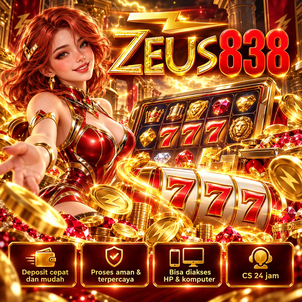 Ilustrasi visual ZEUS838 variasi 3, menampilkan tema emas, merah dan fantasi